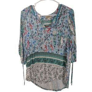 One World Asymmetrical Floral Blouse XLP Bohemian Casual Lightweight Cottage‎
